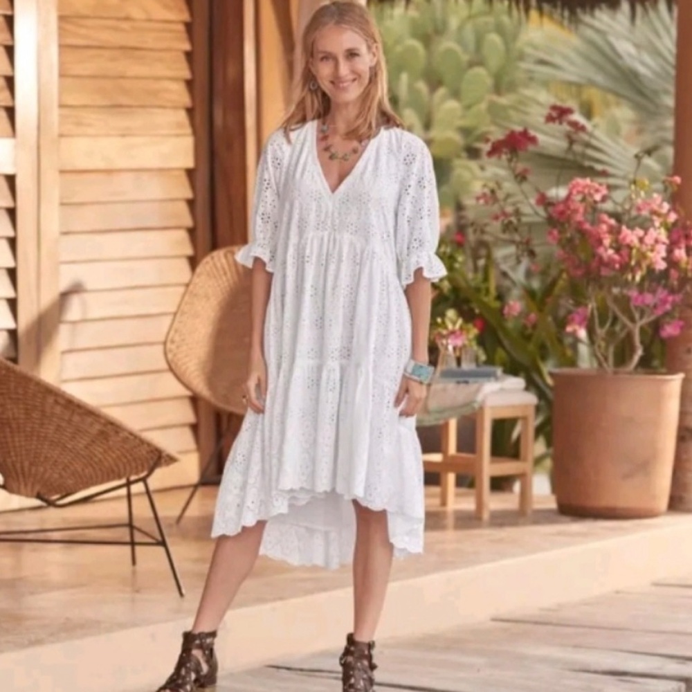 Sundance Jasmine White Cotton Eyelet A Line Dress High Low Lined